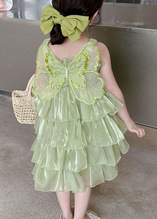 Green Patchwork Tulle Kids Girls Long Dresses Wrinkled Summer LY5504 - fabuloryshop