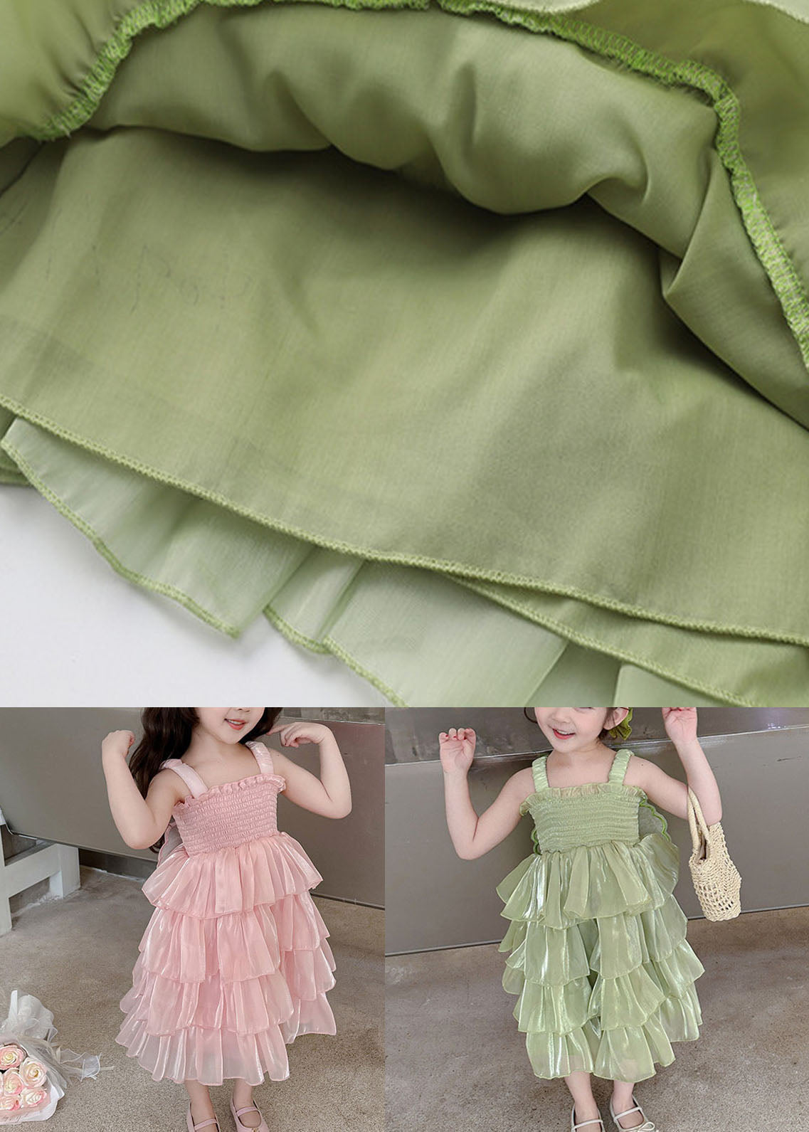 Green Patchwork Tulle Kids Girls Long Dresses Wrinkled Summer LY5504 - fabuloryshop