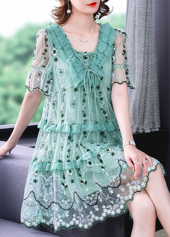 Green Patchwork Tulle Maxi Dresses V Neck Exra Large Hem Summer TH1007 - fabuloryshop