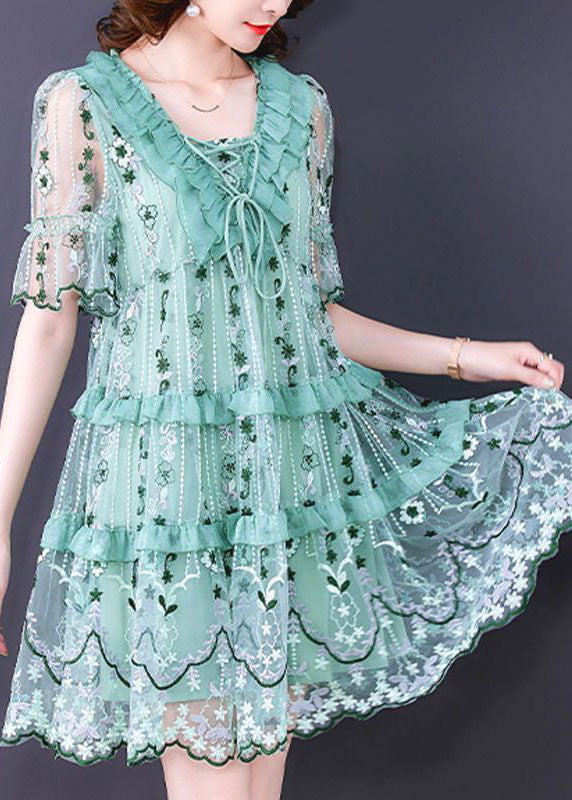 Green Patchwork Tulle Maxi Dresses V Neck Exra Large Hem Summer TH1007 - fabuloryshop