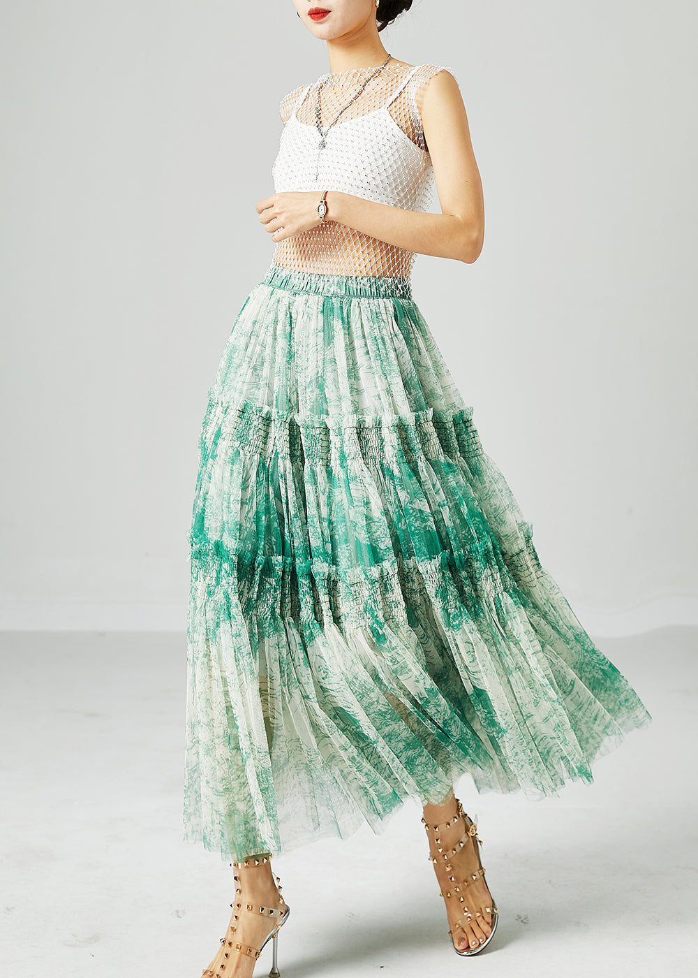 Green Patchwork Tulle Skirt Wrinkled Exra Large Hem Summer LY2426