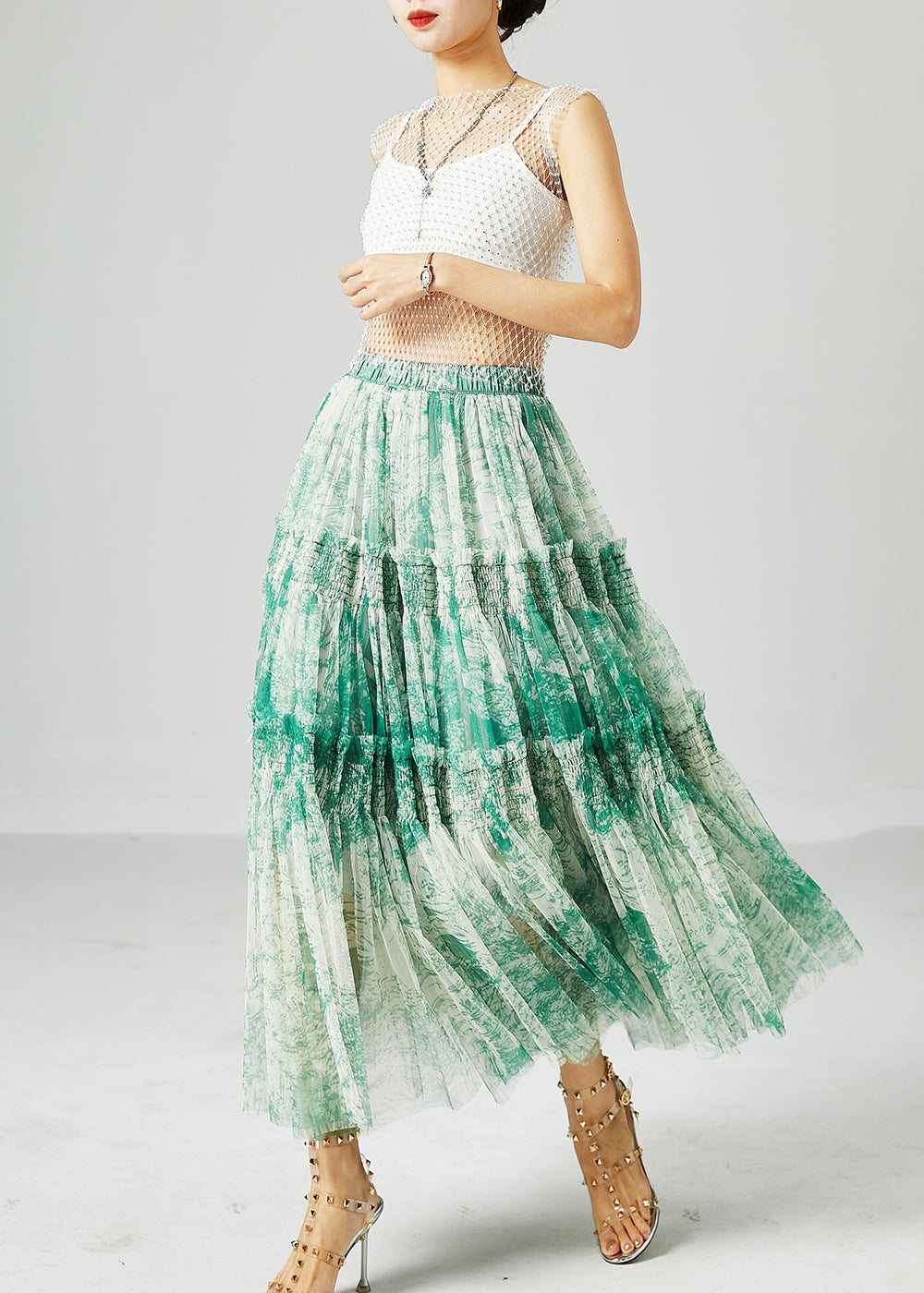 Green Patchwork Tulle Skirt Wrinkled Exra Large Hem Summer LY2426 - fabuloryshop