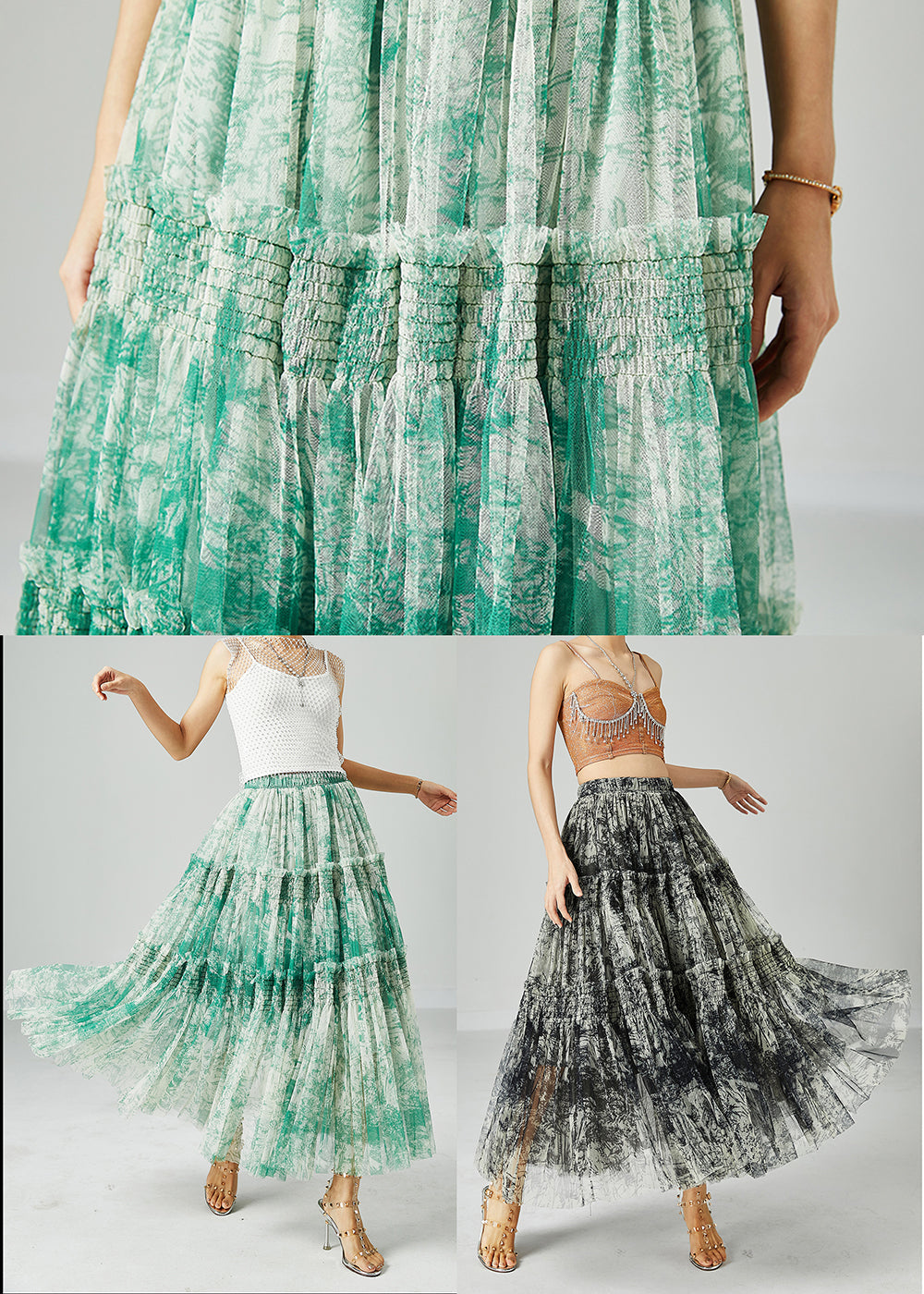 Green Patchwork Tulle Skirt Wrinkled Exra Large Hem Summer LY2426 - fabuloryshop