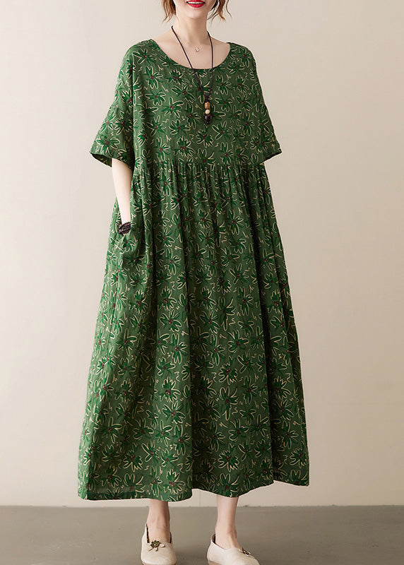 Green Patchwork Wrinkled Cotton Long Dress Summer Ada Fashion