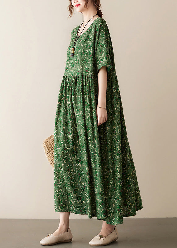 Green Patchwork Wrinkled Cotton Long Dress Summer Ada Fashion