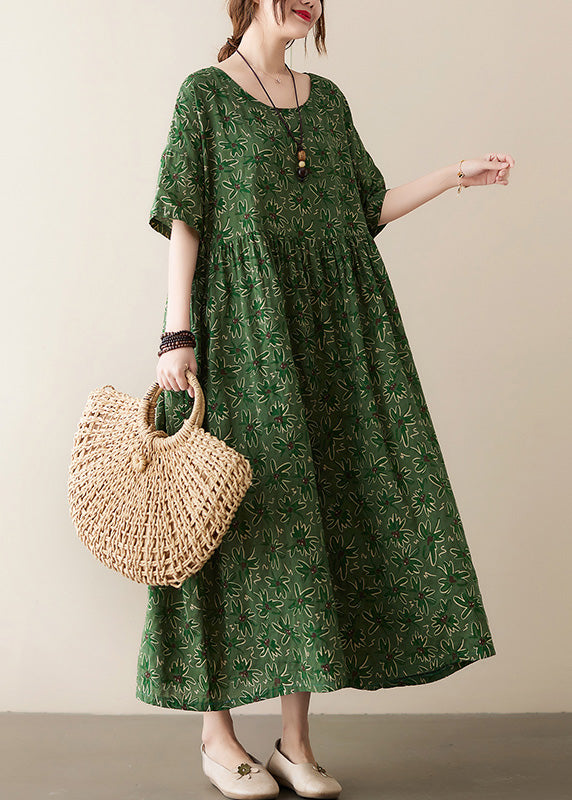 Green Patchwork Wrinkled Cotton Long Dress Summer Ada Fashion