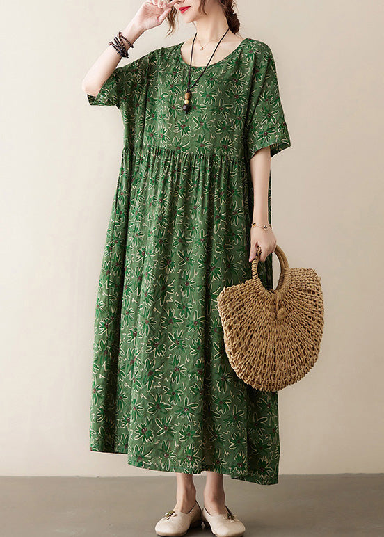 Green Patchwork Wrinkled Cotton Long Dress Summer Ada Fashion