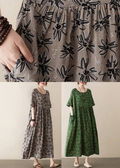 Green Patchwork Wrinkled Cotton Long Dress Summer Ada Fashion