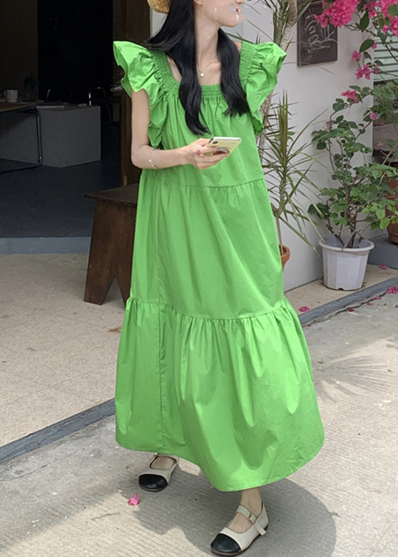 Green Patchwork Wrinkled Long Dresses Short Sleeve LC0036
