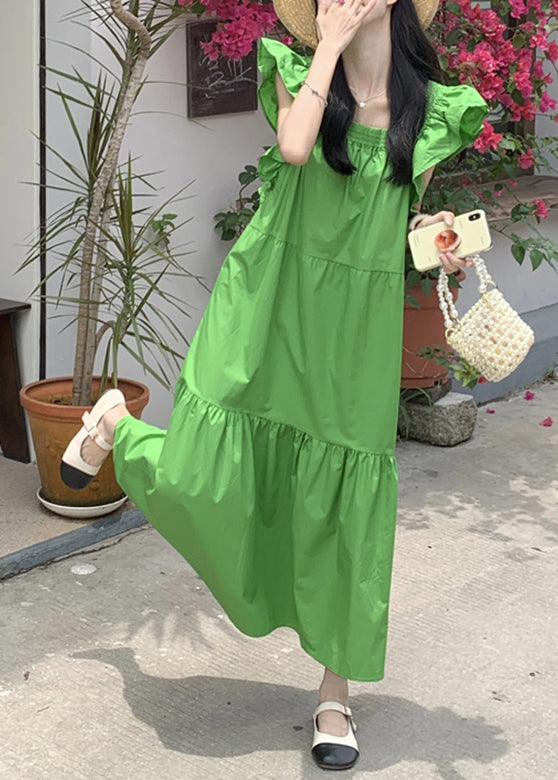 Green Patchwork Wrinkled Long Dresses Short Sleeve LC0036 - fabuloryshop