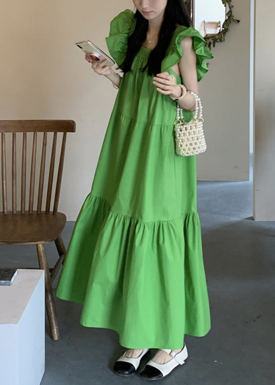 Green Patchwork Wrinkled Long Dresses Short Sleeve LC0036 - fabuloryshop