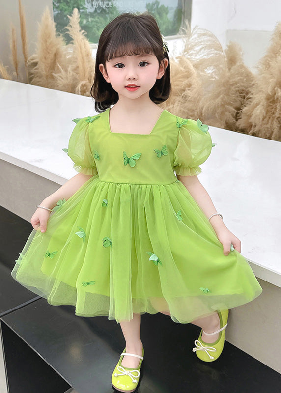 Green Patchwork Wrinkled Tulle Kids Maxi Dresses Short Sleeve LY5505 - fabuloryshop
