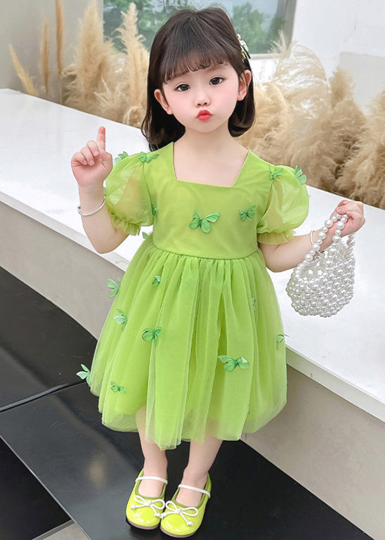 Green Patchwork Wrinkled Tulle Kids Maxi Dresses Short Sleeve LY5505 - fabuloryshop
