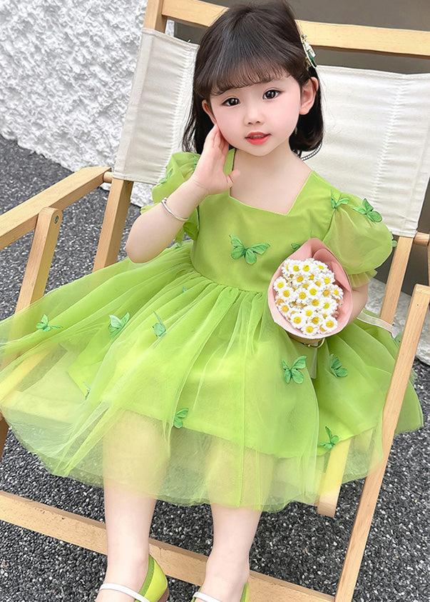 Green Patchwork Wrinkled Tulle Kids Maxi Dresses Short Sleeve LY5505 - fabuloryshop