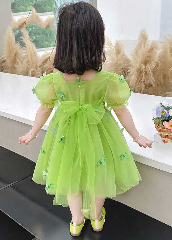 Green Patchwork Wrinkled Tulle Kids Maxi Dresses Short Sleeve LY5505 - fabuloryshop