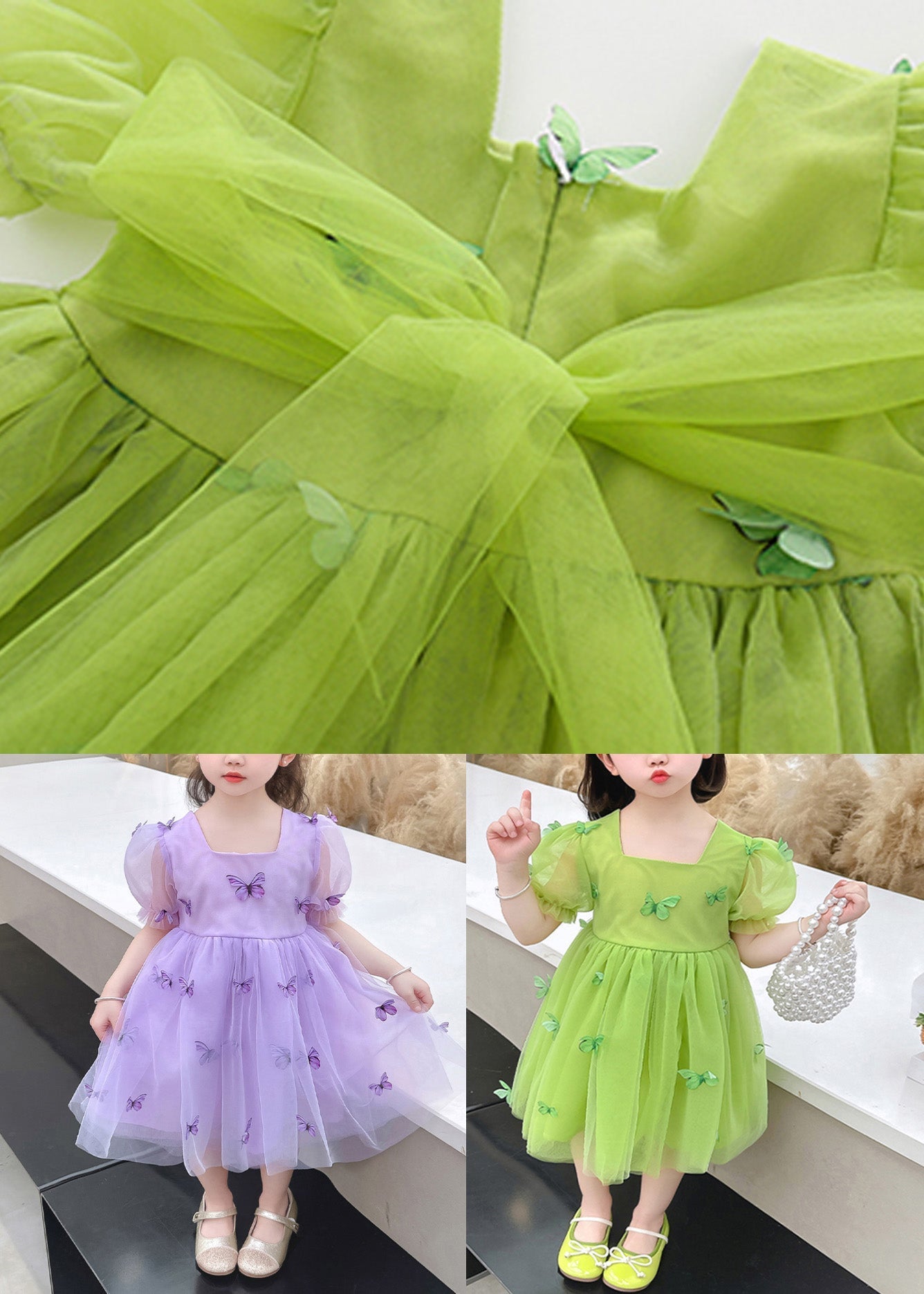 Green Patchwork Wrinkled Tulle Kids Maxi Dresses Short Sleeve LY5505 - fabuloryshop