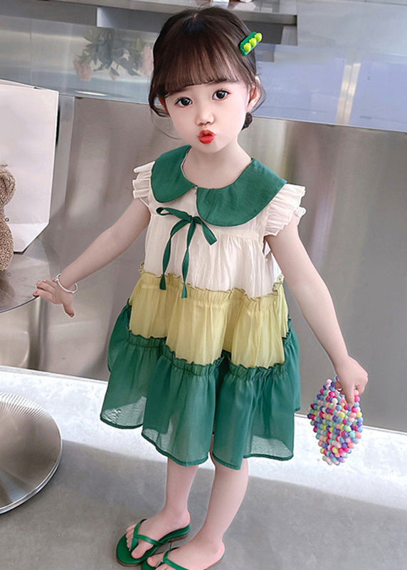 Green Peter Pan Collar Bow Cotton Girls Mid Dresses Summer Ada Fashion