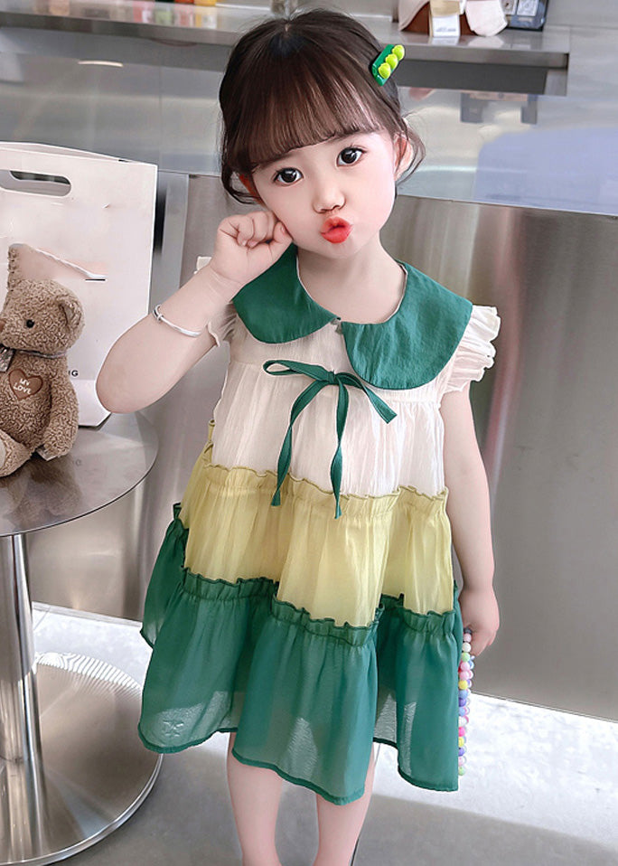 Green Peter Pan Collar Bow Cotton Girls Mid Dresses Summer Ada Fashion