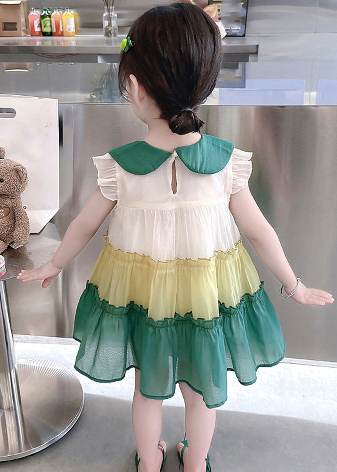 Green Peter Pan Collar Bow Cotton Girls Mid Dresses Summer Ada Fashion