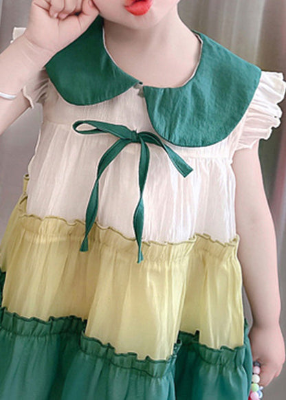 Green Peter Pan Collar Bow Cotton Girls Mid Dresses Summer Ada Fashion