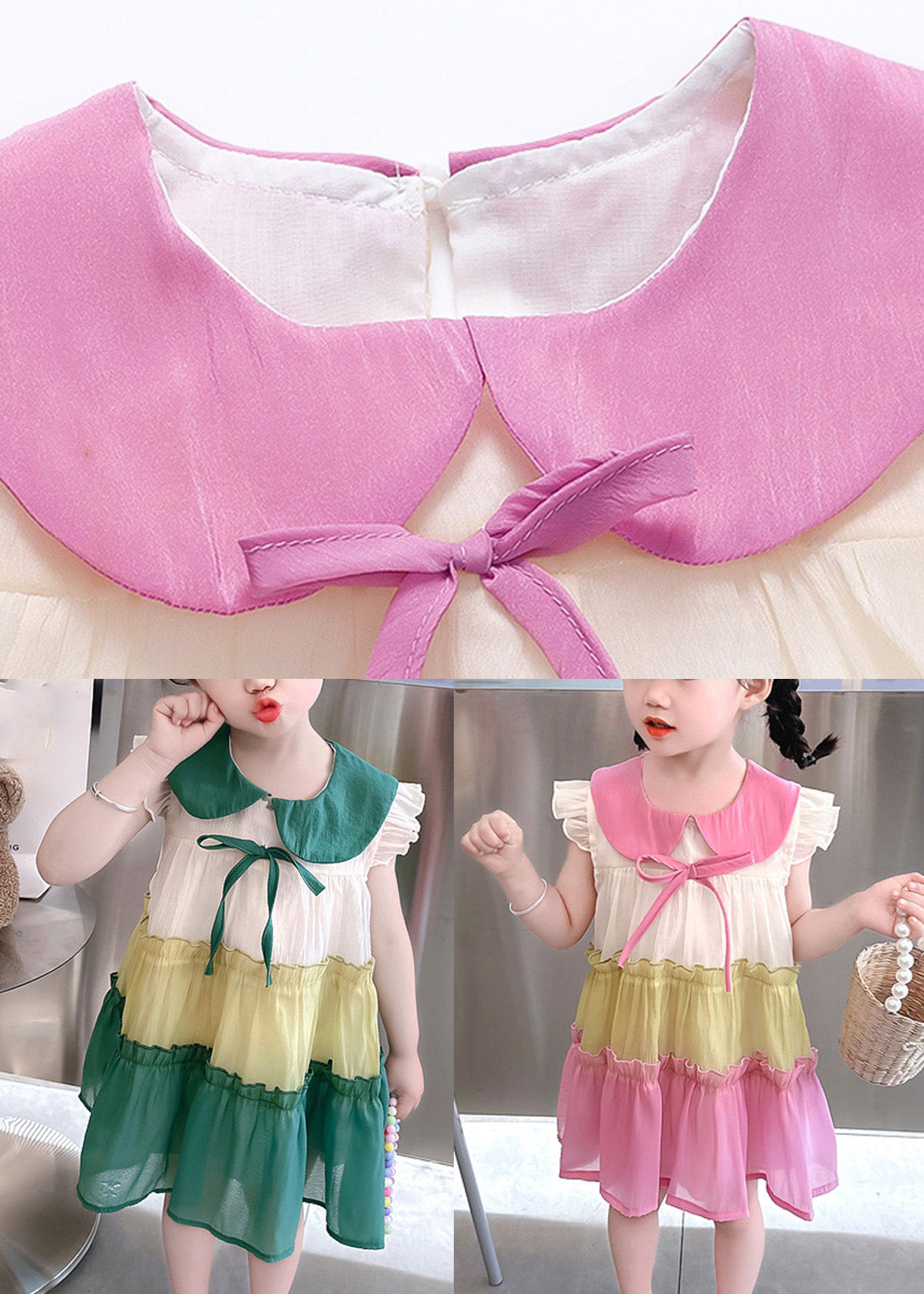 Green Peter Pan Collar Bow Cotton Girls Mid Dresses Summer Ada Fashion