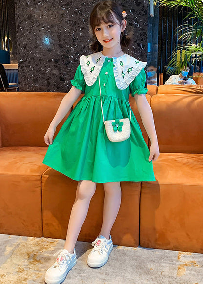 Green Peter Pan Collar Button Cotton Kids Mid Dresses Peter Pan Collar Summer Ada Fashion