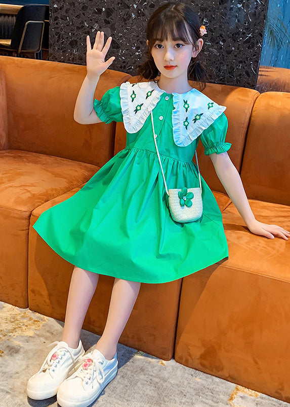 Green Peter Pan Collar Button Cotton Kids Mid Dresses Peter Pan Collar Summer Ada Fashion