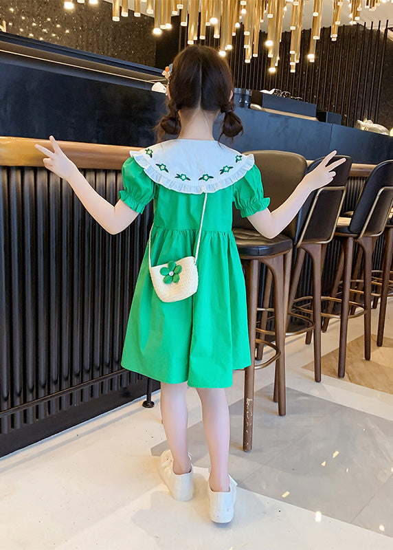 Green Peter Pan Collar Button Cotton Kids Mid Dresses Peter Pan Collar Summer Ada Fashion