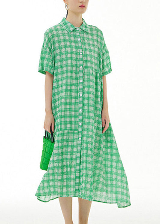 Green Peter Pan Collar Cotton Long Dresses Short Sleeve LY1175 - fabuloryshop