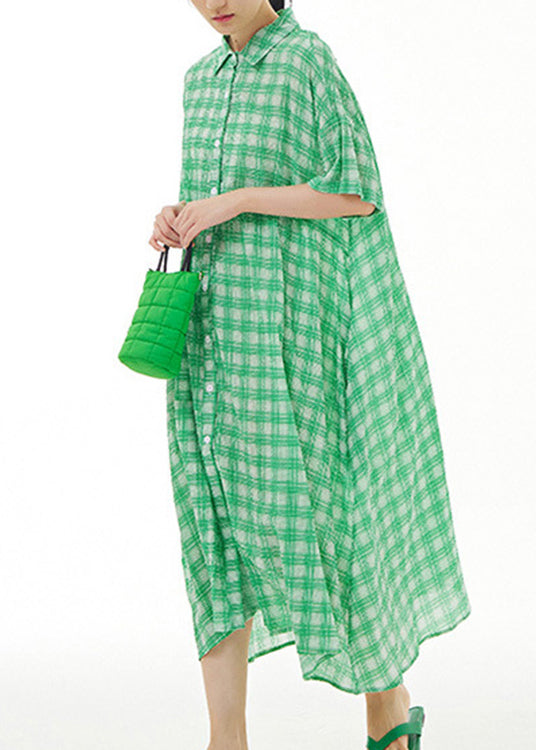 Green Peter Pan Collar Cotton Long Dresses Short Sleeve LY1175 - fabuloryshop