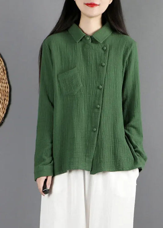 Green Peter Pan Collar Pockets Tops Long Sleeve Ada Fashion