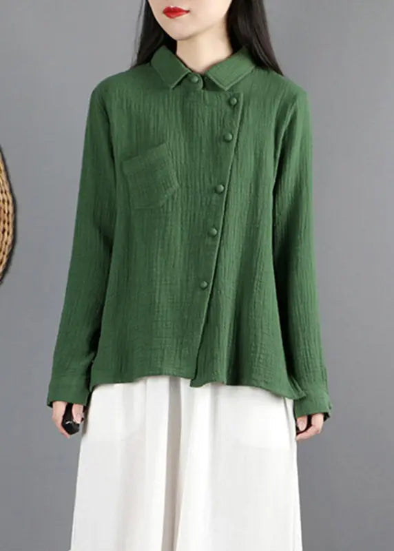 Green Peter Pan Collar Pockets Tops Long Sleeve Ada Fashion