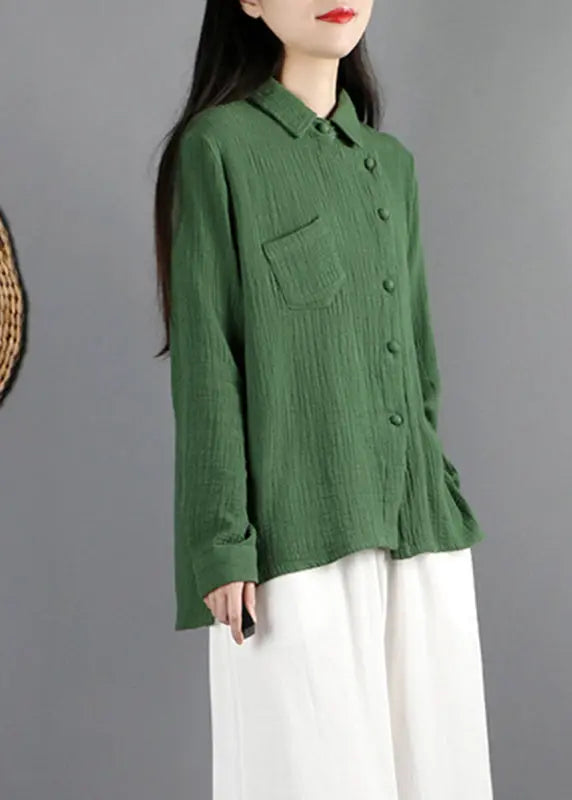 Green Peter Pan Collar Pockets Tops Long Sleeve Ada Fashion