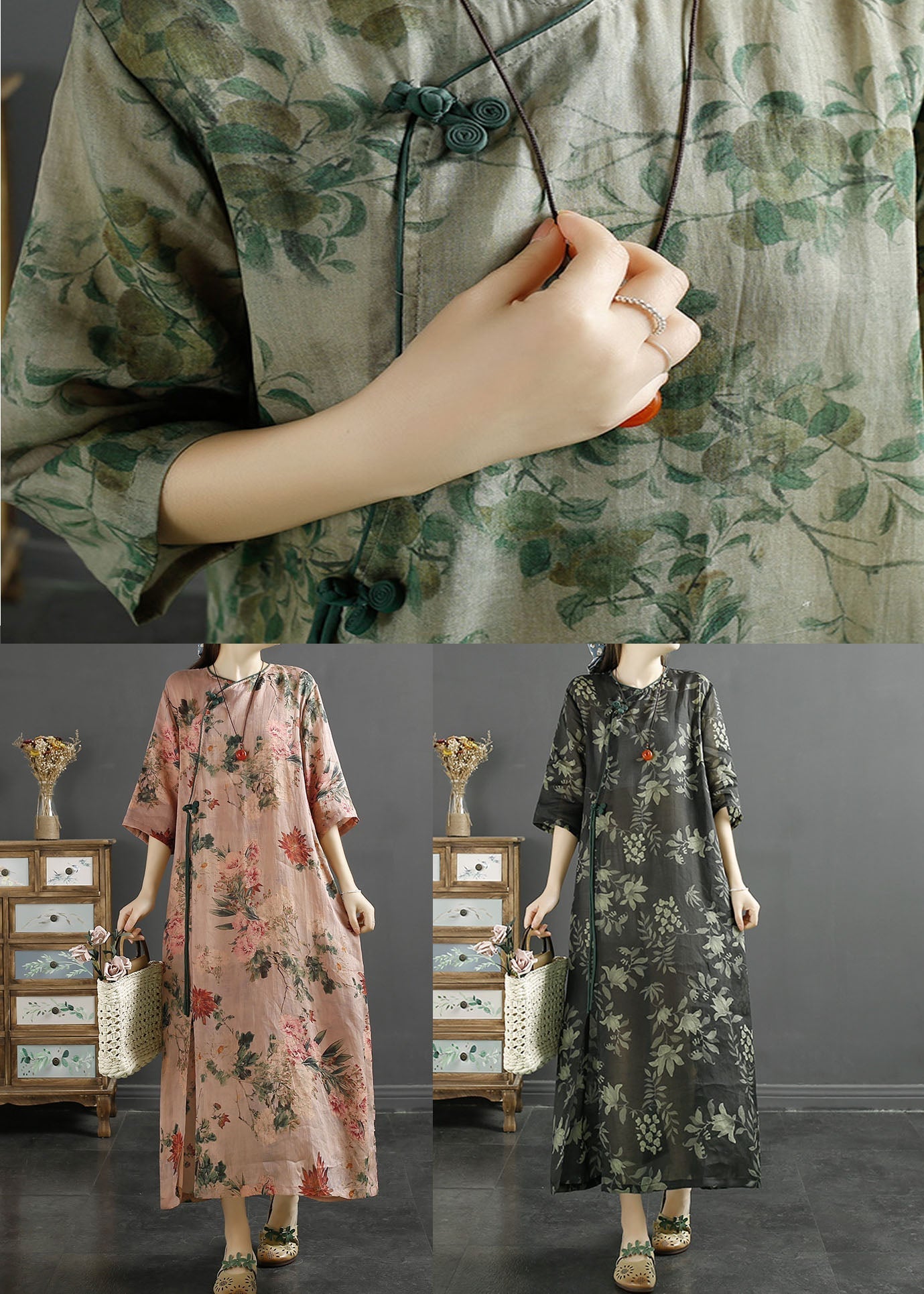 Green Pink Patchwork Linen Long Dress Tasseled Button Summer Ada Fashion