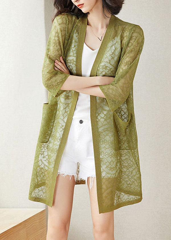 Green Pockets Patchwork Lace Cardigan V Neck Hollow Out Summer Ada Fashion