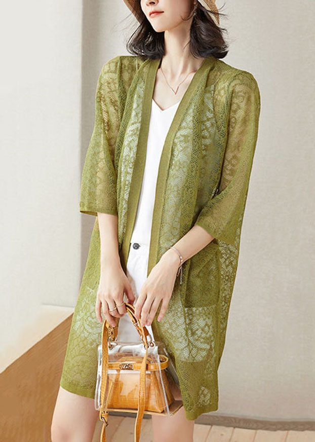 Green Pockets Patchwork Lace Cardigan V Neck Hollow Out Summer Ada Fashion