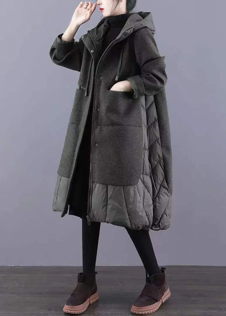 Green Pockets Patchwork Thick Woolen Long Coat Zip Up Long Sleeve Ada Fashion