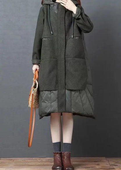 Green Pockets Patchwork Thick Woolen Long Coat Zip Up Long Sleeve Ada Fashion