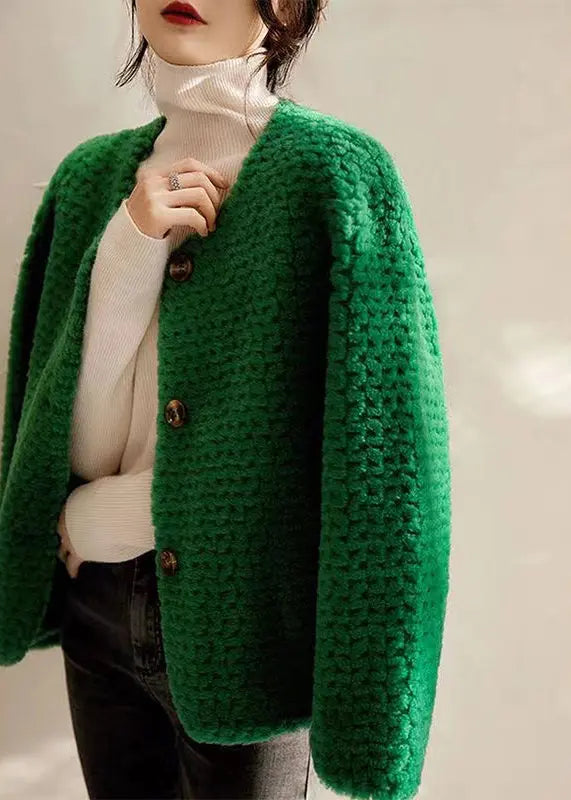 Green Pockets Patchwork Wool Coats O Neck Button Winter Ada Fashion