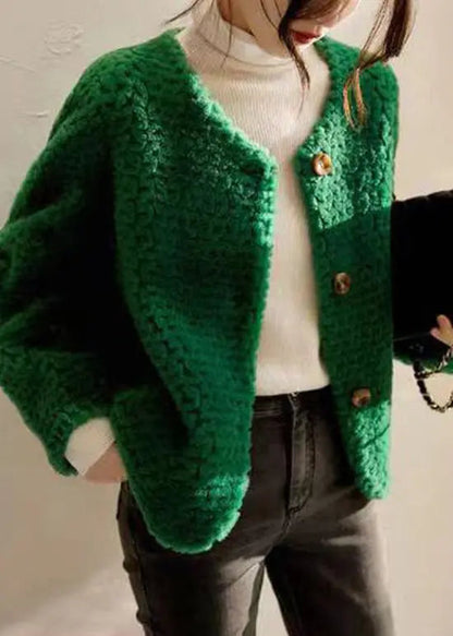 Green Pockets Patchwork Wool Coats O Neck Button Winter Ada Fashion