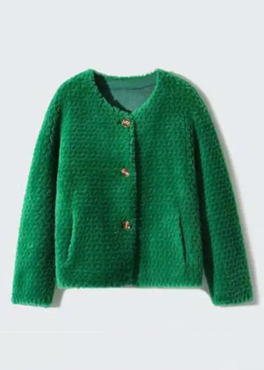 Green Pockets Patchwork Wool Coats O Neck Button Winter Ada Fashion