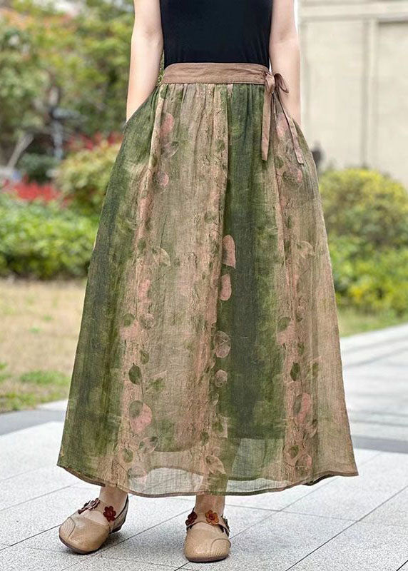 Green Pockets Print Patchwork Linen Skirts Lace Up Summer LY2565