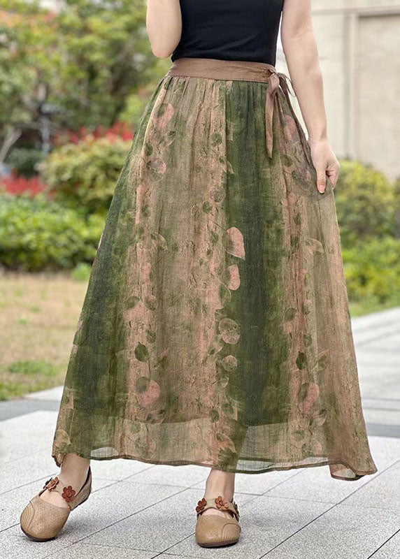 Green Pockets Print Patchwork Linen Skirts Lace Up Summer LY2565 - fabuloryshop