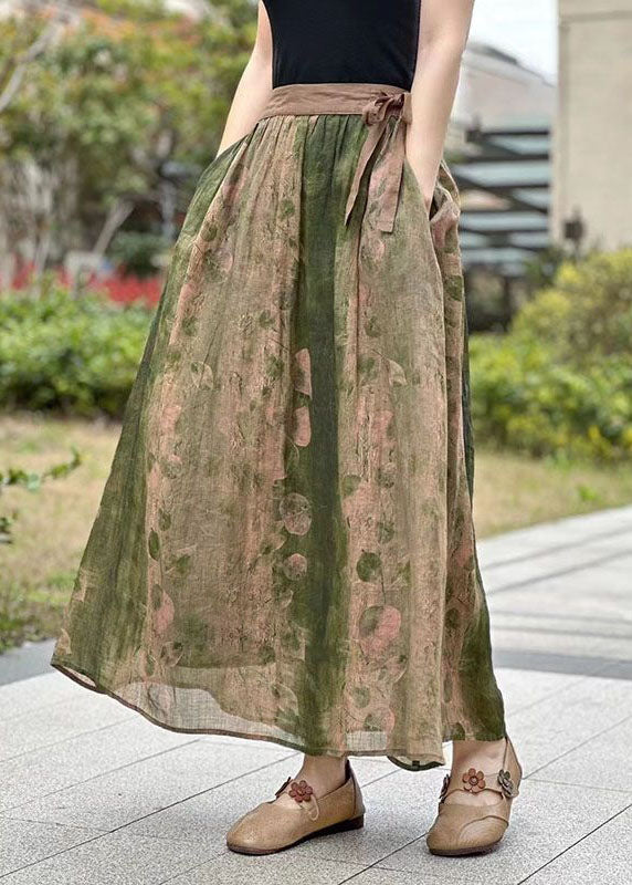 Green Pockets Print Patchwork Linen Skirts Lace Up Summer LY2565