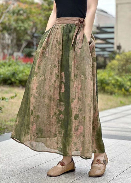 Green Pockets Print Patchwork Linen Skirts Lace Up Summer LY2565 - fabuloryshop