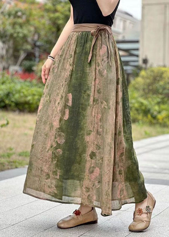 Green Pockets Print Patchwork Linen Skirts Lace Up Summer LY2565 - fabuloryshop