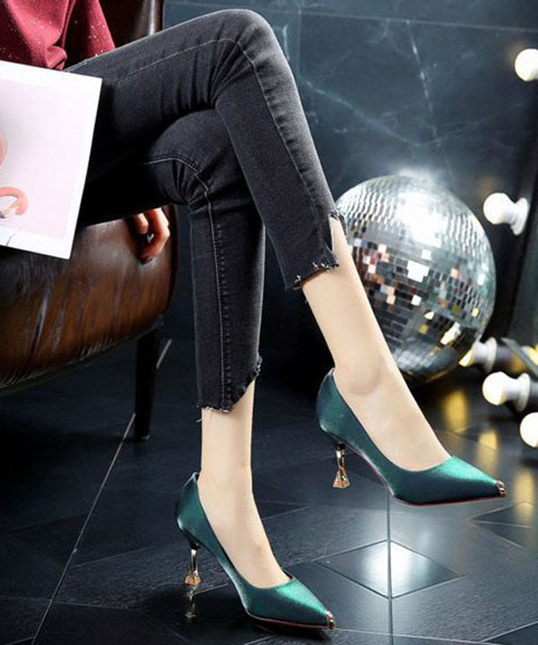 Green Pointed Toe Stiletto Faux Leather Unique Zircon Splicing LY1744 - fabuloryshop