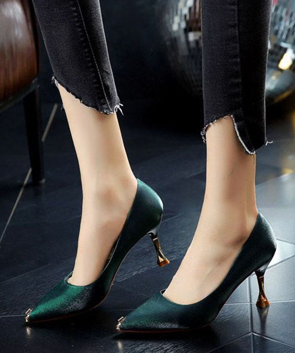 Green Pointed Toe Stiletto Faux Leather Unique Zircon Splicing LY1744 - fabuloryshop