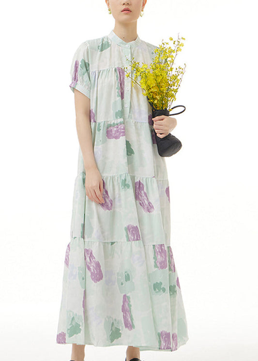 Green Print Button Maxi Dress Short Sleeve LY1207 - fabuloryshop