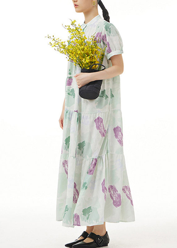 Green Print Button Maxi Dress Short Sleeve LY1207 - fabuloryshop